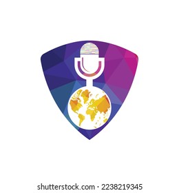 Global podcast logo design. Broadcast entertainment business logo template vector illustration.