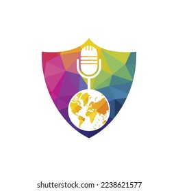 Global podcast logo design. Broadcast entertainment business logo template vector illustration.
