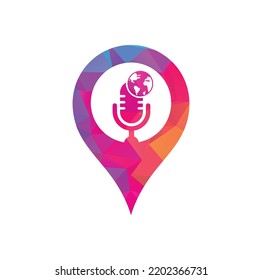 Global podcast map pin shape concept logo design. Broadcast entertainment business logo template vector illustration.