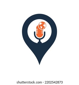 Diseño del logotipo del concepto de la forma del pin de forma del mapa del podcast global. Ilustración vectorial de la plantilla del logotipo de la empresa de entretenimiento de difusión.