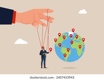 Global political expansion. Puppet string to control the political and business games. Flat vector illustration