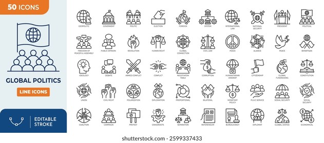 Global Politics line editable icon set. Containing geopolitics, election, political poll, public opinion, political debate, diplomacy, and more. Vector illustration