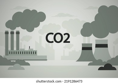 Global pollution CO2 emissions concept. Grey factories, grey clouds and grey nature. Vector illustration flat design style. 