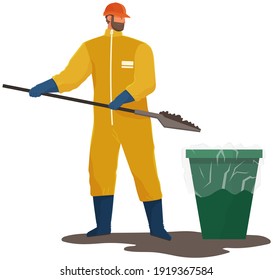 Global pollution concept. Volunteer is cleaning dirty area. Male character in protective suit collects polluting oil and waste. Man is picking up contaminated soil with shovel and throwing it out