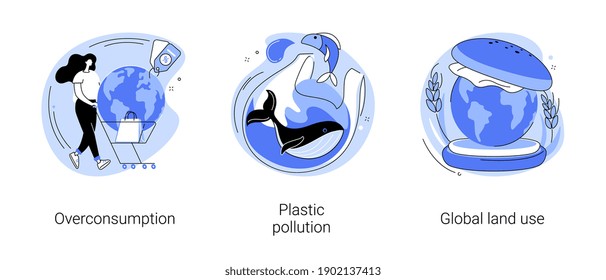 Global pollution problem abstract concept vector illustration set. Overconsumption and plastic pollution, global land use, globalization and food production, overpopulation problem abstract metaphor.