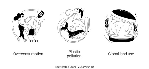 Global pollution problem abstract concept vector illustration set. Overconsumption and plastic pollution, global land use, globalization and food production, overpopulation problem abstract metaphor.