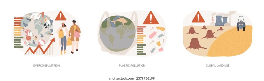 Global pollution problem isolated concept vector illustration set. Overconsumption and plastic pollution, global land use, globalization and food production, overpopulation problem vector concept.