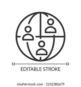 Global population pixel perfect linear icon. International relationships. Worldwide connection. Thin line illustration. Contour symbol. Vector outline drawing. Editable stroke. Arial font used