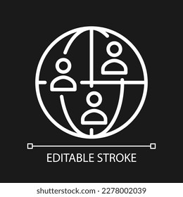 Global population pixel perfect white linear icon for dark theme. International relationships. Thin line illustration. Isolated symbol for night mode. Editable stroke. Arial font used