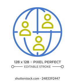 Global population two color line icon. International relationships. Human communities. Worldwide connection bicolor outline symbol. Duotone linear pictogram. Isolated illustration. Editable stroke