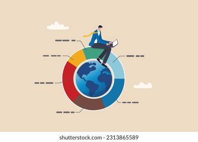 Asignación global de activos de cartera, inversión en el mercado de valores mundial, gráfico circular de la participación en el mercado internacional, concepto financiero o económico mundial, trabajo de empresarios con computadoras portátiles en el gráfico circular mundial.