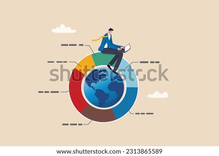 Global portfolio asset allocation, world stock market investment, international market share pie chart, financial or world economic concept, businessman work with computer laptop on world pie chart.