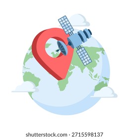 Búsqueda de posición global y concepto de seguimiento GPS con tecnología satelital. Ilustraciones para sistemas de navegación, servicios de localización, geolocalización y tecnología de posicionamiento global.