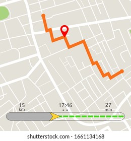 Global positioning system application concept with city map path red pointer and information about speed distance time to finish. Vector illustration