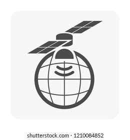 Global positioning system and communication network service vector icon consist of satellite, globe, signal. Technology for geo location, geography, cartography, gps tracking, navigation and internet.