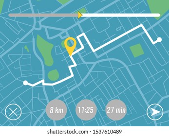 Global positioning system concept with route on city map yellow pin and navigation interface elements with speed time distance indicators. Vector illustration