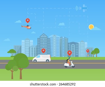 Global positioning system data monitoring. Urban landscape with transport 