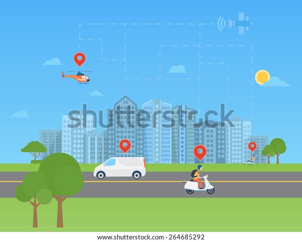 Global positioning system data monitoring. Urban\
landscape with transport\
