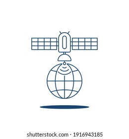 global positioning system icon with satellite. outline simple modern satelite logotype graphic design isolated on white. concept of global finance trade or business and abstract sattellite silhouette