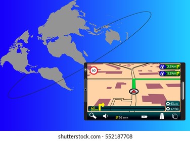 Global Positioning System, navigation with map background. Vector illustration