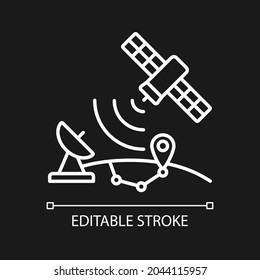 Global Positioning System white linear icon for dark theme. Satellite-based radionavigation system. Thin line customizable illustration. Isolated vector contour symbol for night mode. Editable stroke