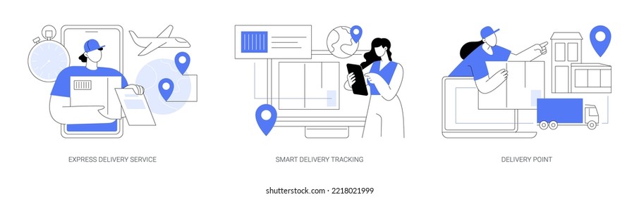 Global postal mail abstract concept vector illustration set. Express delivery service, smart tracking, delivery point, fast shipping order, courier driver app, pick up parcel abstract metaphor.