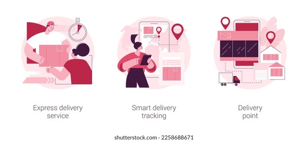 Global postal mail abstract concept vector illustration set. Express delivery service, smart tracking, delivery point, fast shipping order, courier driver app, pick up parcel abstract metaphor.