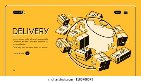 Global postal mail delivery vector illustration in isometric thin line design on yellow halftone background. Mail envelopes and parcel boxes with postage stamps around world globe