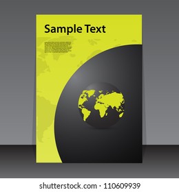 Global Poster Design – Yellow Header with Sample Text and Stylized World Map on Dark Curved Base. A modern and visually striking poster layout featuring a bright yellow header with bold black “Sample Text” and placeholder paragraph below. The lower section transitions into a dark curved shape resembling a partial eclipse or stylized globe, containing a yellow world map. A subtle light yellow map in the background adds depth and global context. This dynamic and internationally themed vector design is ideal for use in presentations, brochures, editorial layouts, and promotional materials focused on global connectivity or international topics. Suitable for both commercial and editorial use across print and digital platforms.