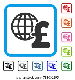 Global Pound Economics icon. Flat grey iconic symbol inside a light blue rounded squared frame. Black, gray, green, blue, red, orange color additional versions of Global Pound Economics vector.