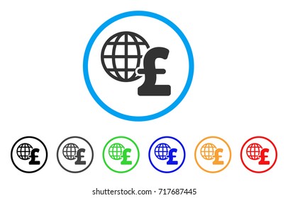 Global Pound Economics rounded icon. Style is a flat global pound economics gray symbol inside light blue circle with black, gray, green, blue, red, orange versions.