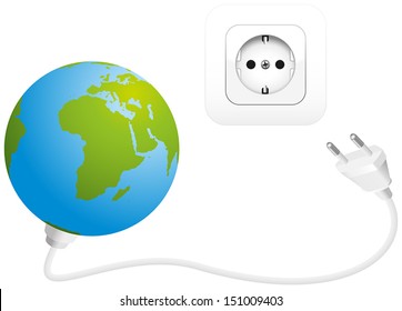 Global Power Consumption - Illustration of the earth with a plug, and a socket. Isolated vector on white background.