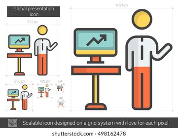 Global presentation vector line icon isolated on white background. Global presentation line icon for infographic, website or app. Scalable icon designed on a grid system.