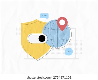Global privacy protection shield, secure vpn anonymous browsing concept. VPN encrypted data traffic, IP masking location safety, worldwide internet anonymity framework. Trendy paper collage concept