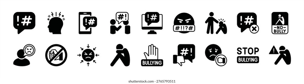 Global problem issue icon vector set. Contains cyber bullying, social issues, crime, depression, racism, abuse, victim, stop, brainstorm, violence, conflict, anger, anxiety, discrimination - illustration