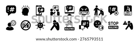Global problem issue icon vector set. Contains cyber bullying, social issues, crime, depression, racism, abuse, victim, stop, brainstorm, violence, conflict, anger, anxiety, discrimination - illustration