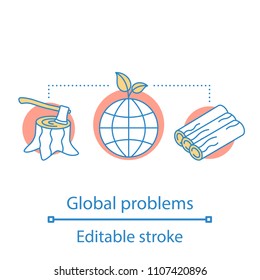 Global problems concept icon. Deforestation idea thin line illustration. Forestry. Vector isolated outline drawing. Editable stroke