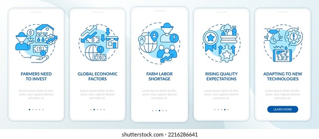 Globale Probleme, mit denen Landwirte konfrontiert sind, sind mit einem blauen Onboarding-Mobile-App-Bildschirm. 5-stufige, editierbare grafische Anleitungen mit linearen Konzepten. UI, UX, GUI-Vorlage. Myriad Pro-kühne, Standardschriftarten verwendet