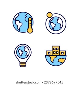 Global problems pixel perfect RGB color icons set. Urbanization process. Climate change. Energy sustainability. Isolated vector illustrations. Simple filled line drawings collection. Editable stroke