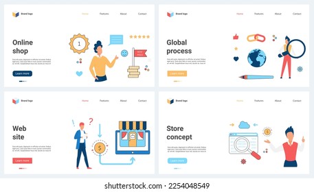 Global processes in commerce, online sales on store website set vector illustration. Cartoon tiny people research digital data with magnifying glass, shoppers at new price in shop app on phone screen