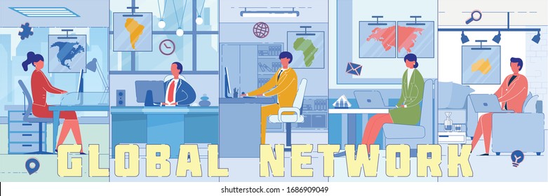 Global Professionals Network Word Concept Banner. International Specialist Team Cartoon Characters. Outsourcing Workers Idea. Transnational Company Top Managers Internet Conference