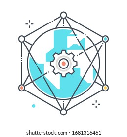 Weltweit fortschrittsbezogene Vektorillustration Symbol, Illustration. Die Ikone dreht sich um Erde, Wirtschaft, Netzwerk, Ausrüstung. Die Komposition ist unendlich skalierbar.