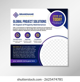 Global project solutions, all aspect of property maintenance template for social media promotion. All main elements are editable and customizable. circle shape for photo space and infographic.
