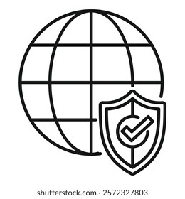 Global protection concept icon with line art and vector illustration representing worldwide security, cybersecurity, and data privacy in the international digital environment