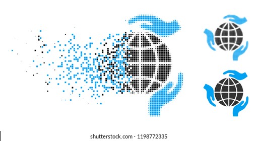 Global protection icon in dissolving, pixelated halftone and undamaged whole variants. Cells are composed into vector dissolving global protection icon. Disappearing effect uses rectangular points.