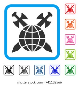 Global Protection icon. Flat grey pictogram symbol in a light blue rounded rectangular frame. Black, gray, green, blue, red, orange color additional versions of Global Protection vector.