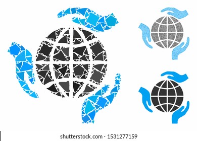 Global protection mosaic of joggly elements in various sizes and shades, based on global protection icon. Vector bumpy elements are united into mosaic.