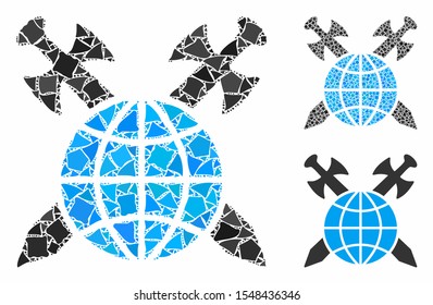 Global protection mosaic of raggy parts in variable sizes and color tones, based on global protection icon. Vector ragged dots are united into collage.