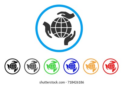 Global Protection rounded icon. Style is a flat global protection grey symbol inside light blue circle with black, gray, green, blue, red, orange color versions.