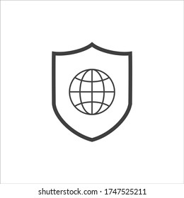 Global Protection Shield line icon. linear style sign for mobile concept and web design. Shield with globe outline vector icon. Security, safety, protection symbol, logo illustration.